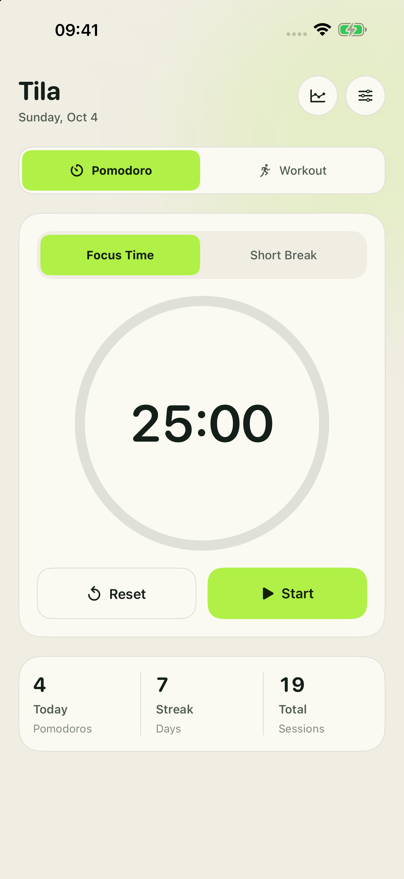 Tila's Focus screen with a 25-minute session, break controls and a Start button